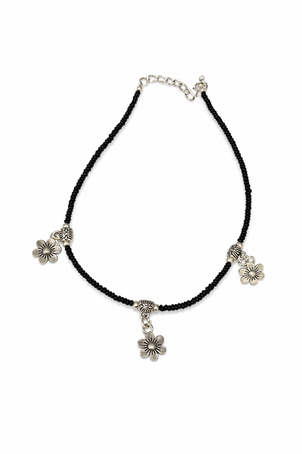 Delicate Black Beaded Anklet with Silver Flower Charms