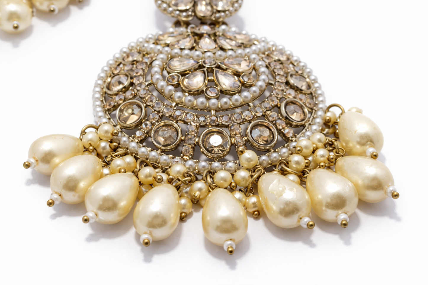 AD Stone Jhumka Earrings Set with Pearl Drops and Maang Tikka