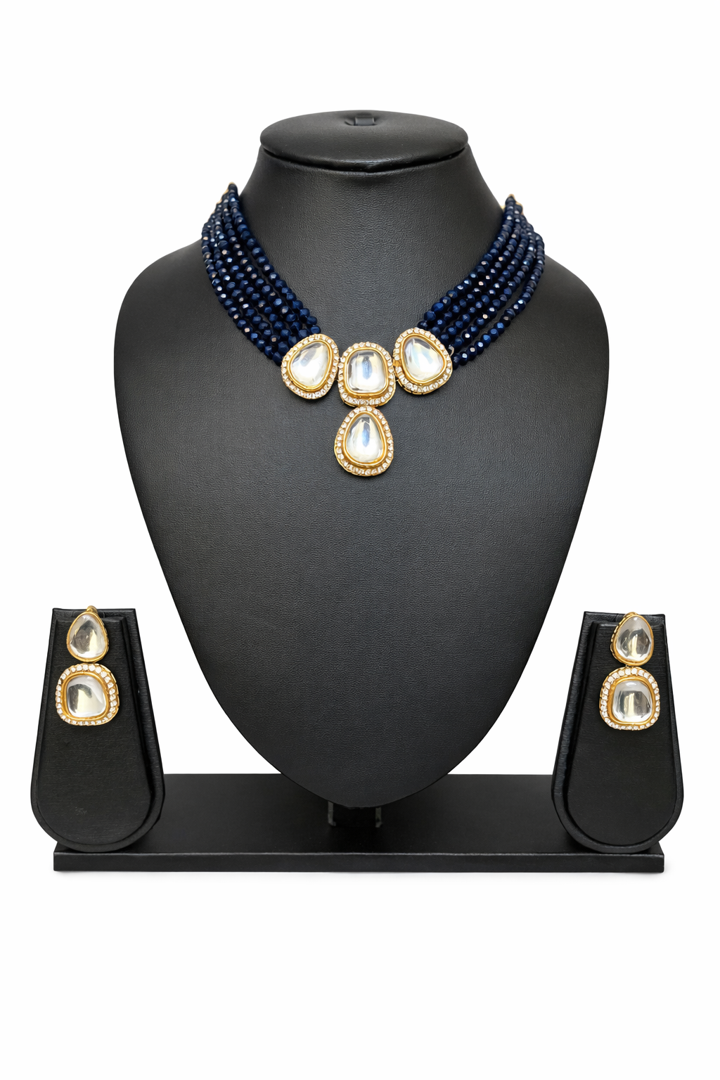 Kundan Necklace Set with Blue Crystal Beads and Matching Earrings
