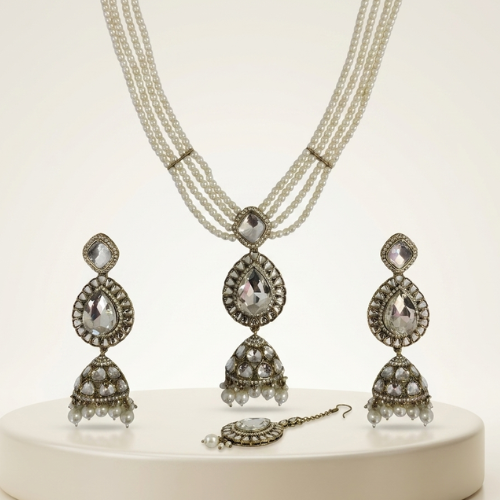 Pearl Kundan Necklace Set with Jhumka Earrings & Maang Tikka