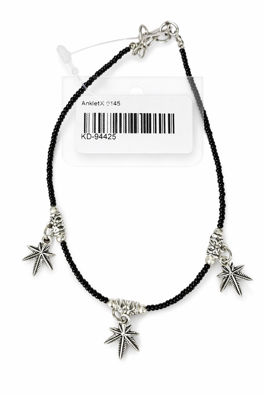 Bohemian Black Beaded Anklet with Silver Star Charms