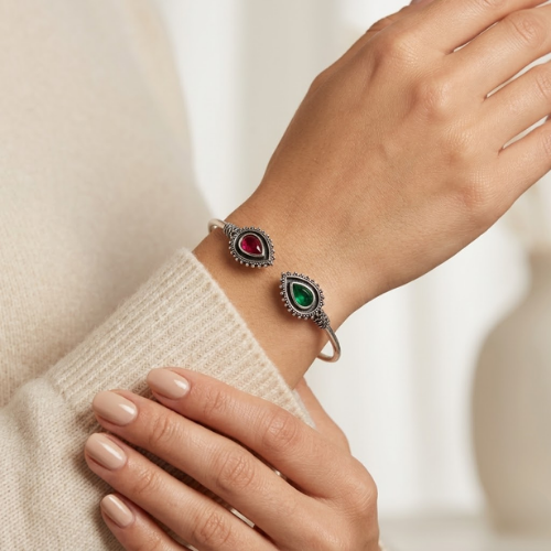 Royal Teardrop Oxidised Stone Cuff Bracelet