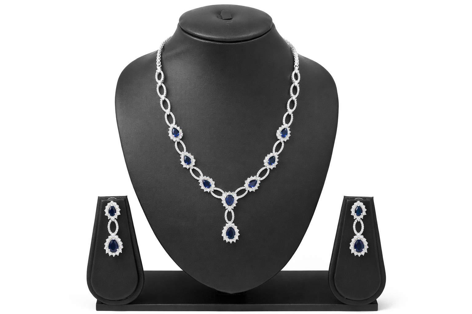 AD Necklace Set with Blue CZ Stones and Matching Earrings