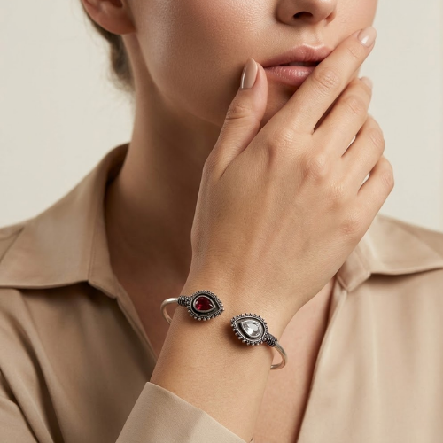 Royal Teardrop Oxidised Stone Cuff Bracelet