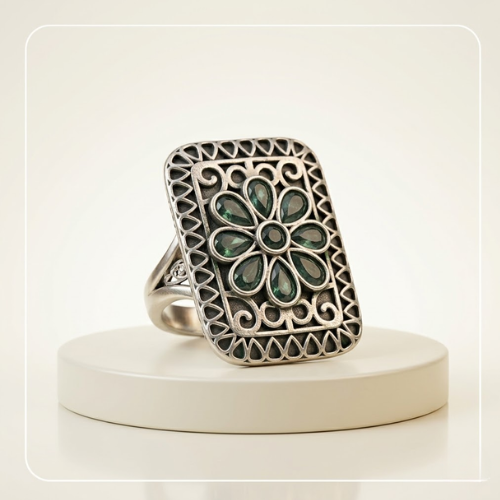 Emerald Floral Oxidised Statement Ring