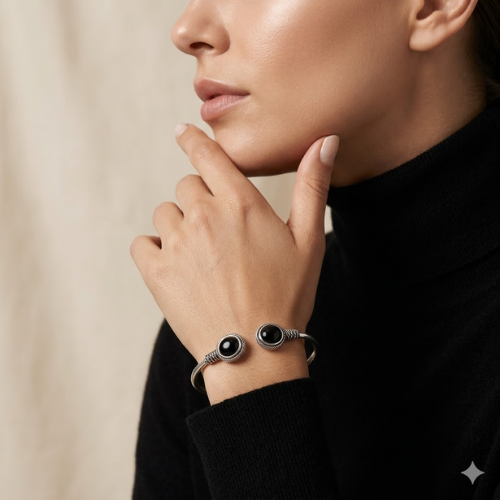 Midnight Oval Oxidised Stone Cuff Bracelet