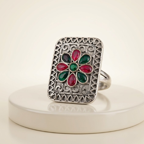 Emerald Floral Oxidised Statement Ring