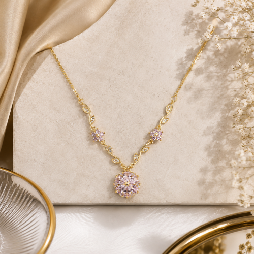 Floral Crystal Pendant Necklace – Gold-Tone Elegant Chain