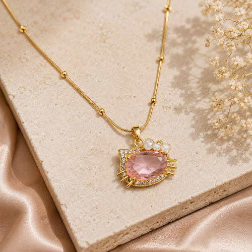 Crystal Pendant Necklace – Pink Stone Gold-Tone Chain