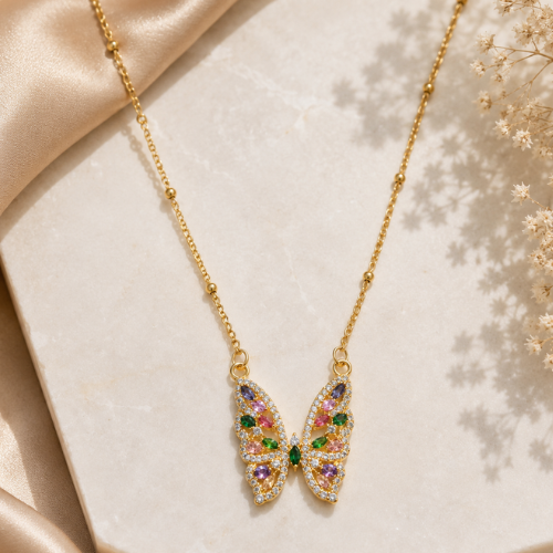 Multicolor Butterfly Crystal Pendant Necklace – Gold-Tone Elegant Chain