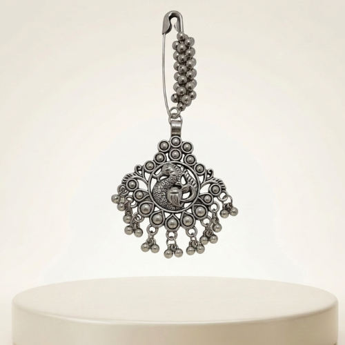 Oxidised Peacock Design Saree Pin with Ghungroo Drops
