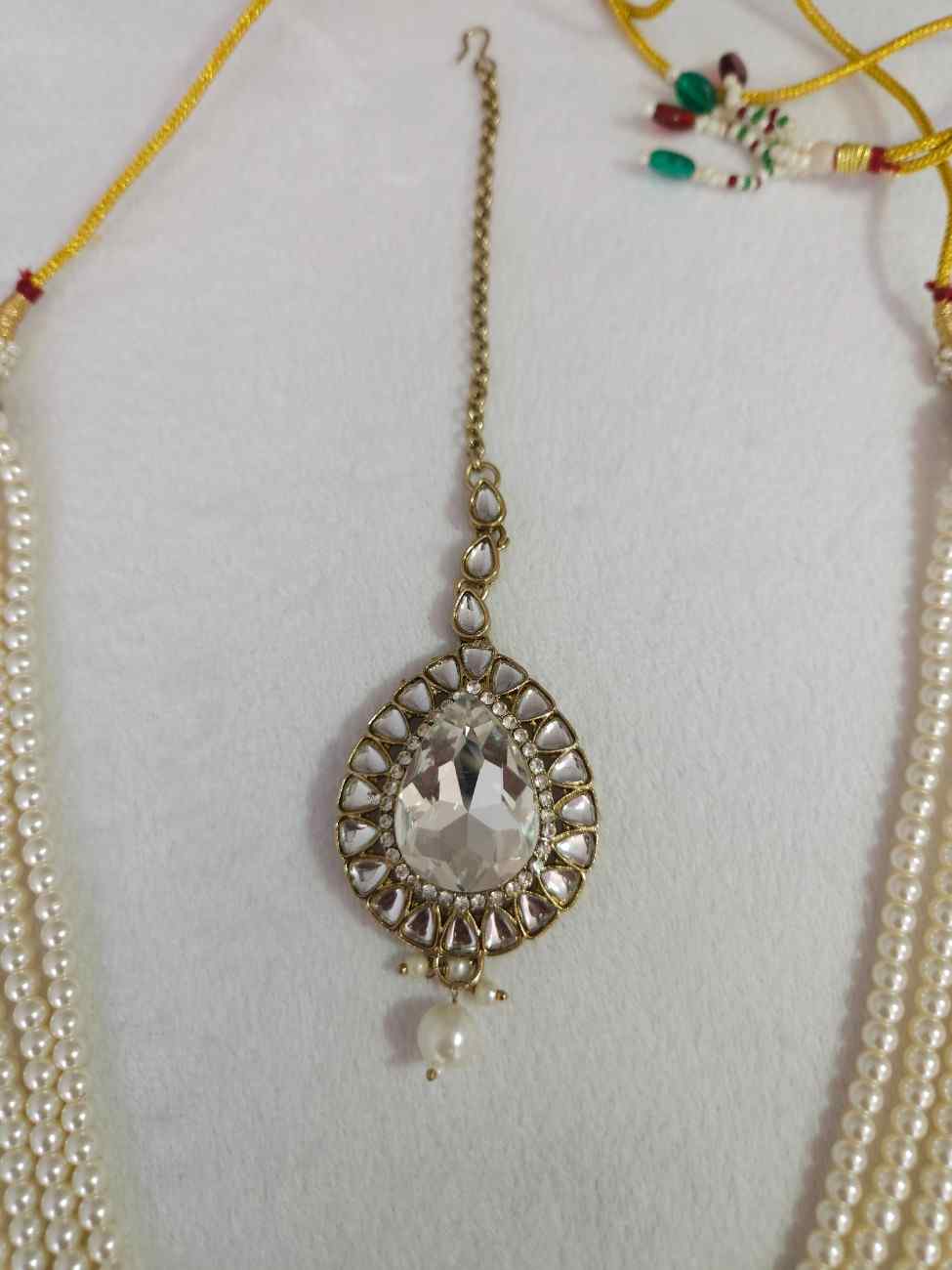 Pearl Kundan Necklace Set with Jhumka Earrings & Maang Tikka