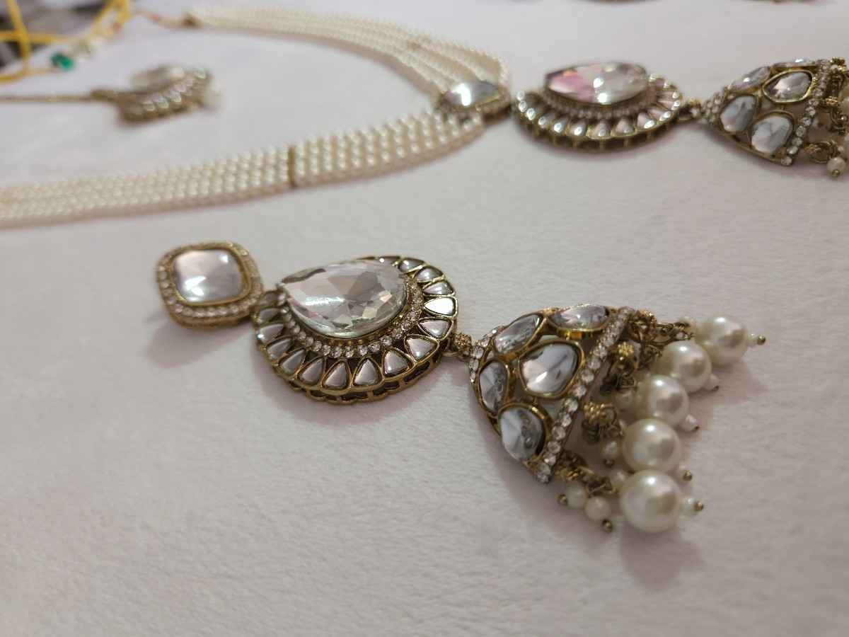 Pearl Kundan Necklace Set with Jhumka Earrings & Maang Tikka