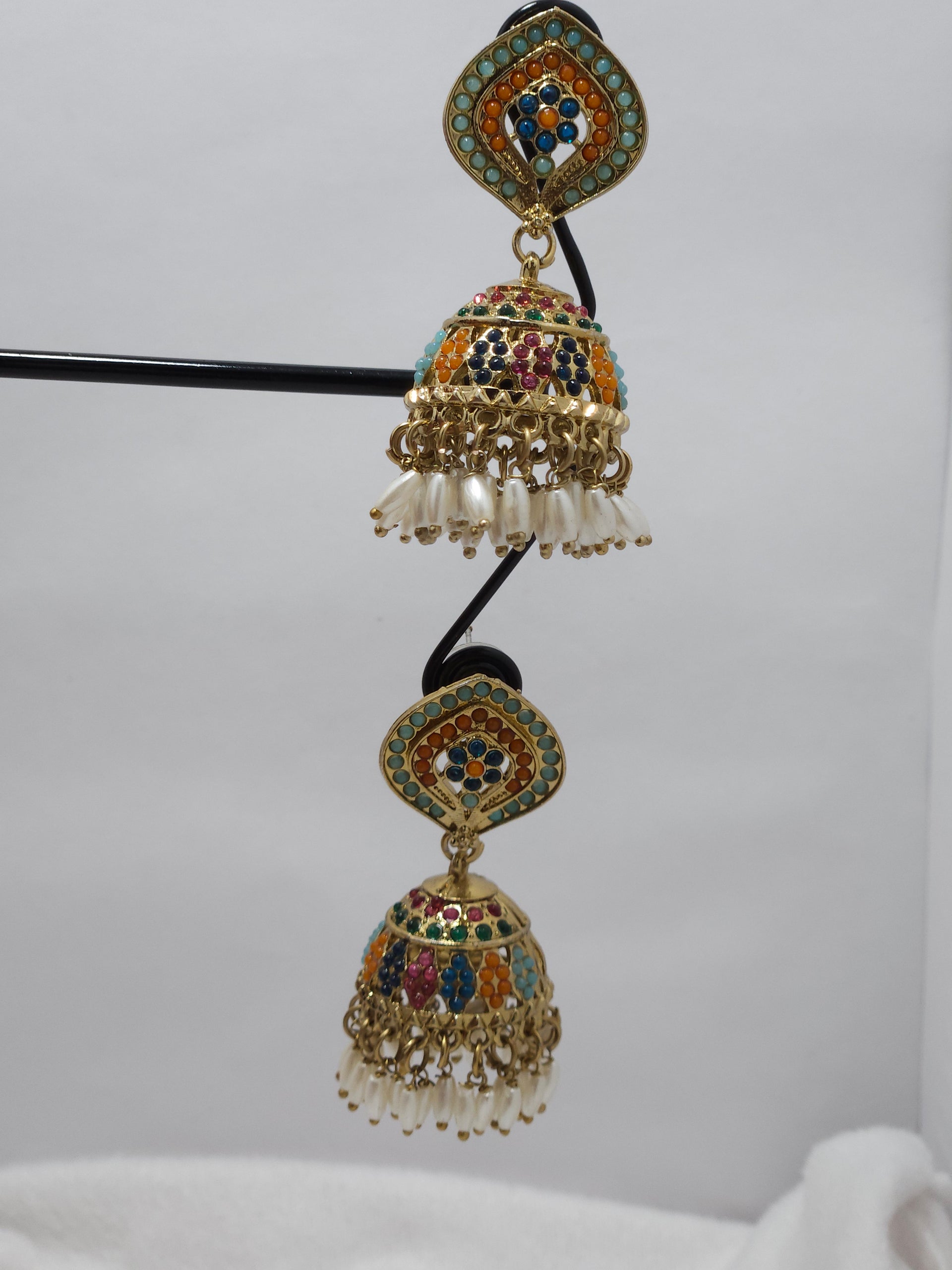 Multicolor Meenakari Jhumka Earrings with Pearl Drops