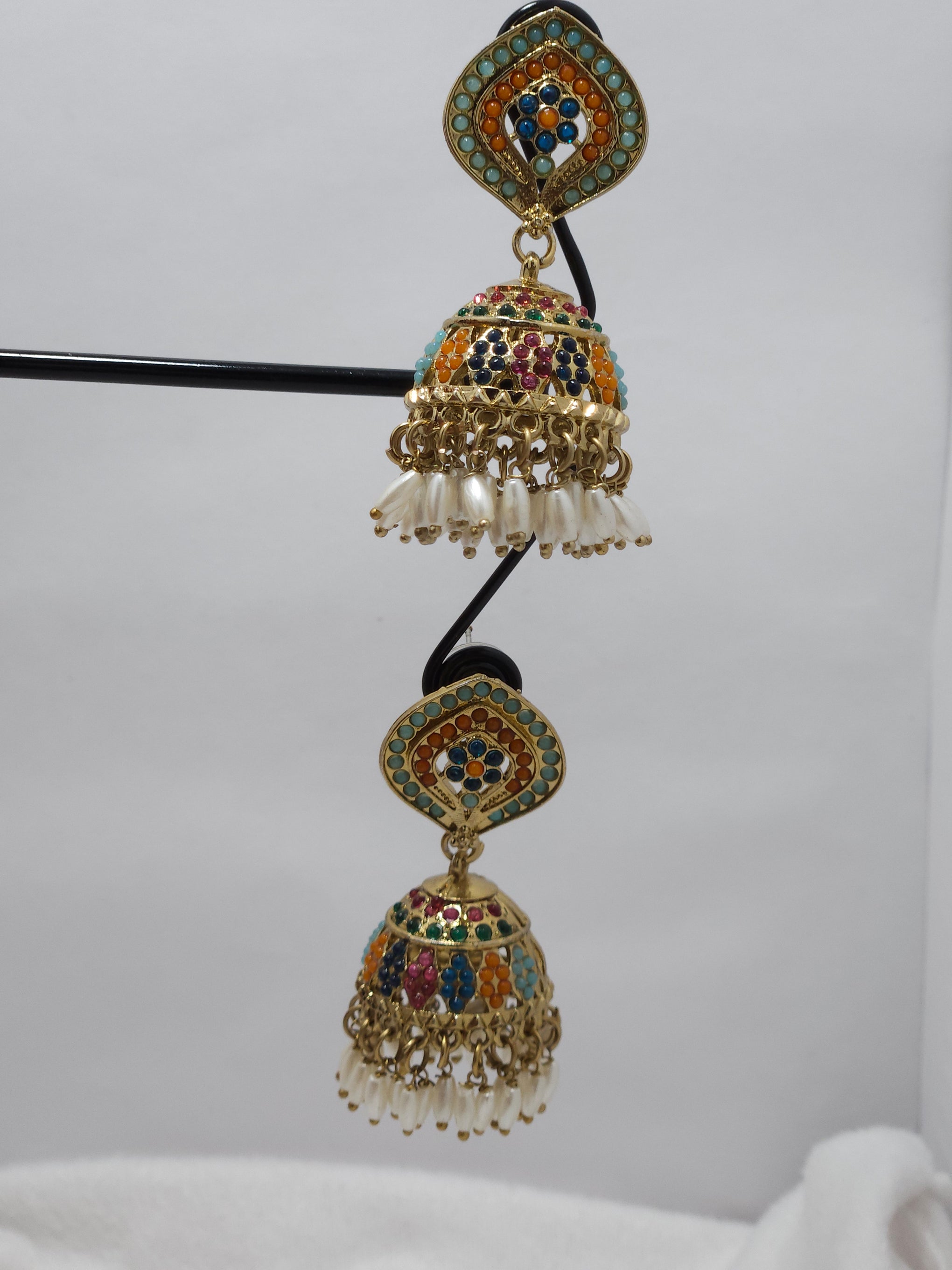Multicolor Meenakari Jhumka Earrings with Pearl Drops