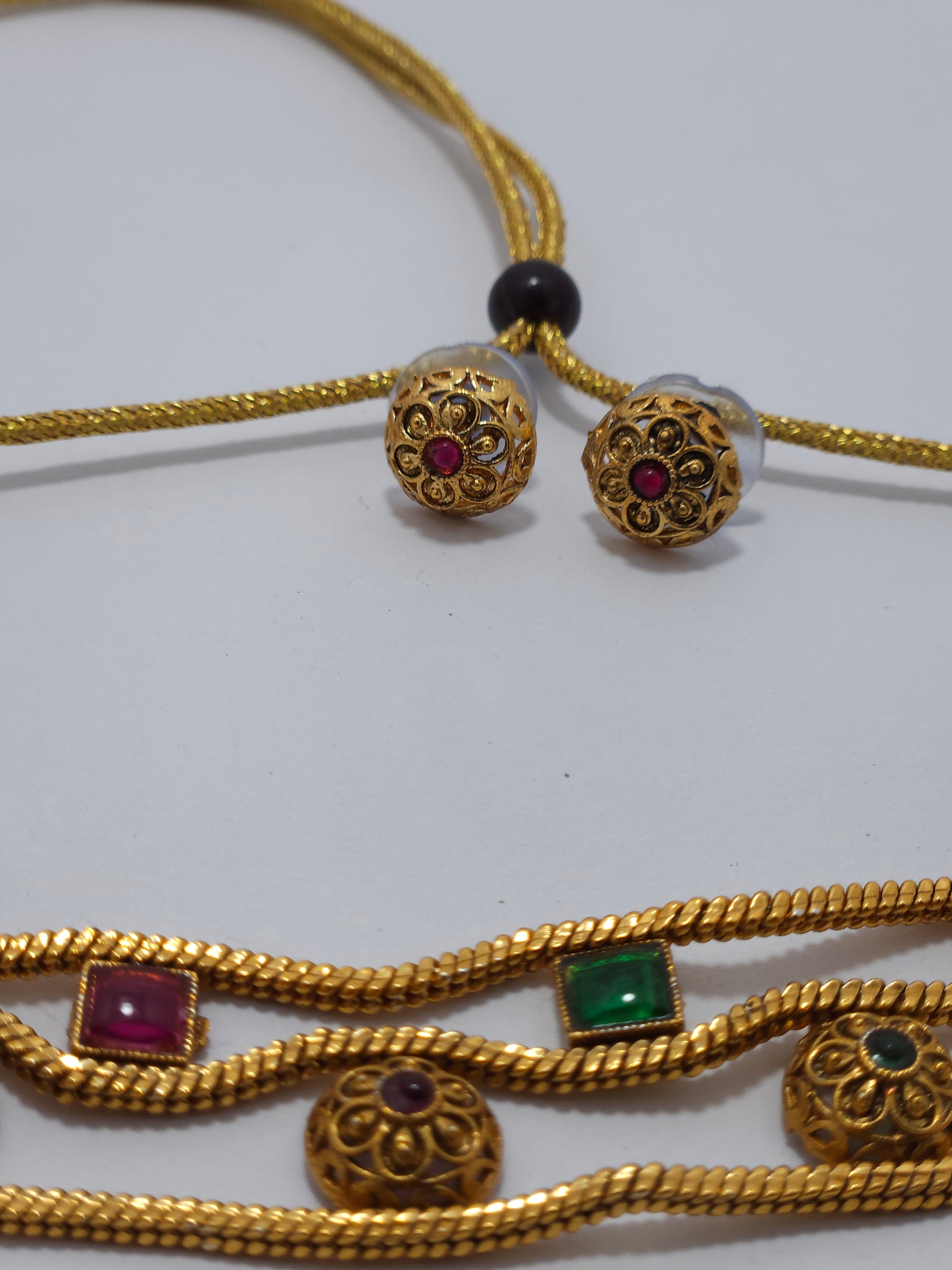 Traditional Gold-Tone Choker Necklace with Ruby & Emerald Accents