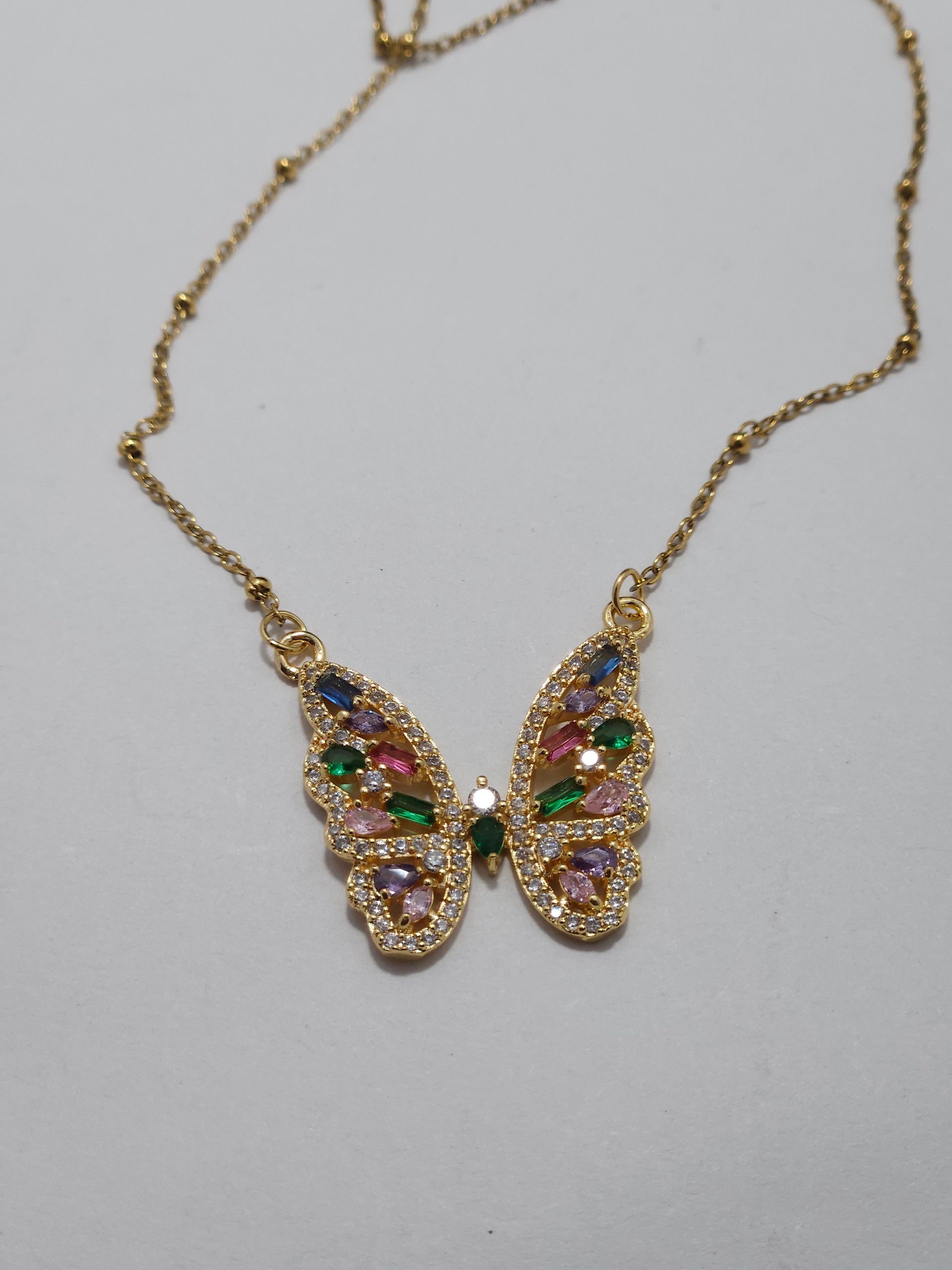 Multicolor Butterfly Crystal Pendant Necklace – Gold-Tone Elegant Chain