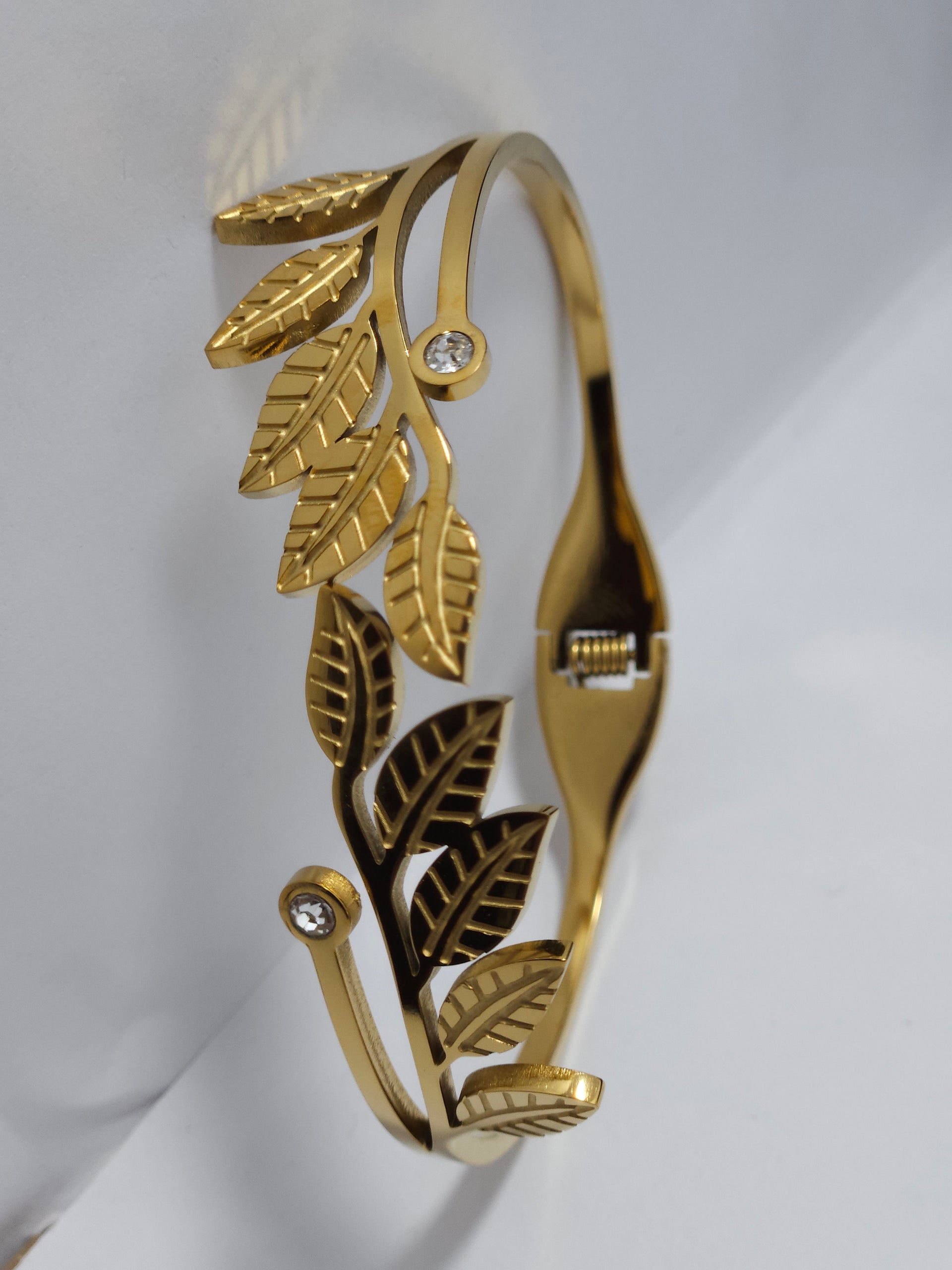 Leaf Design Gold-Tone Open Cuff Bracelet – Crystal Accent Bangle