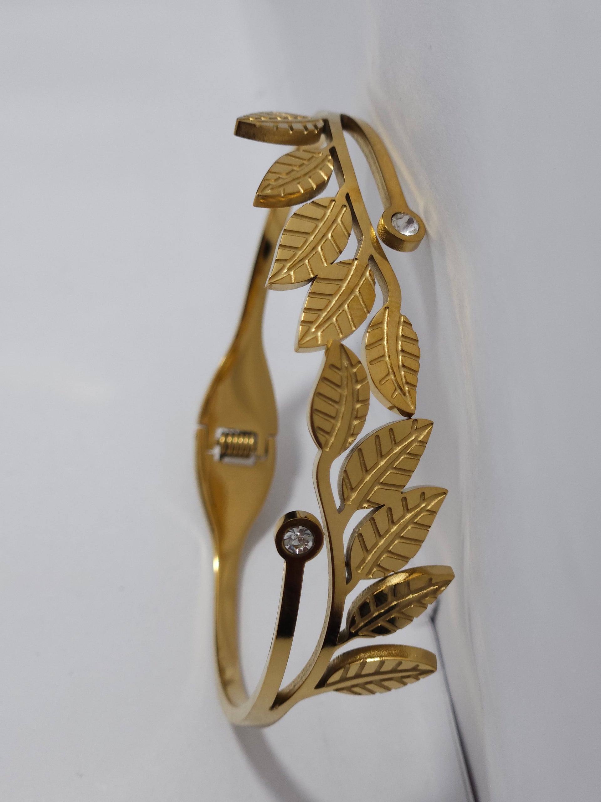 Leaf Design Gold-Tone Open Cuff Bracelet – Crystal Accent Bangle