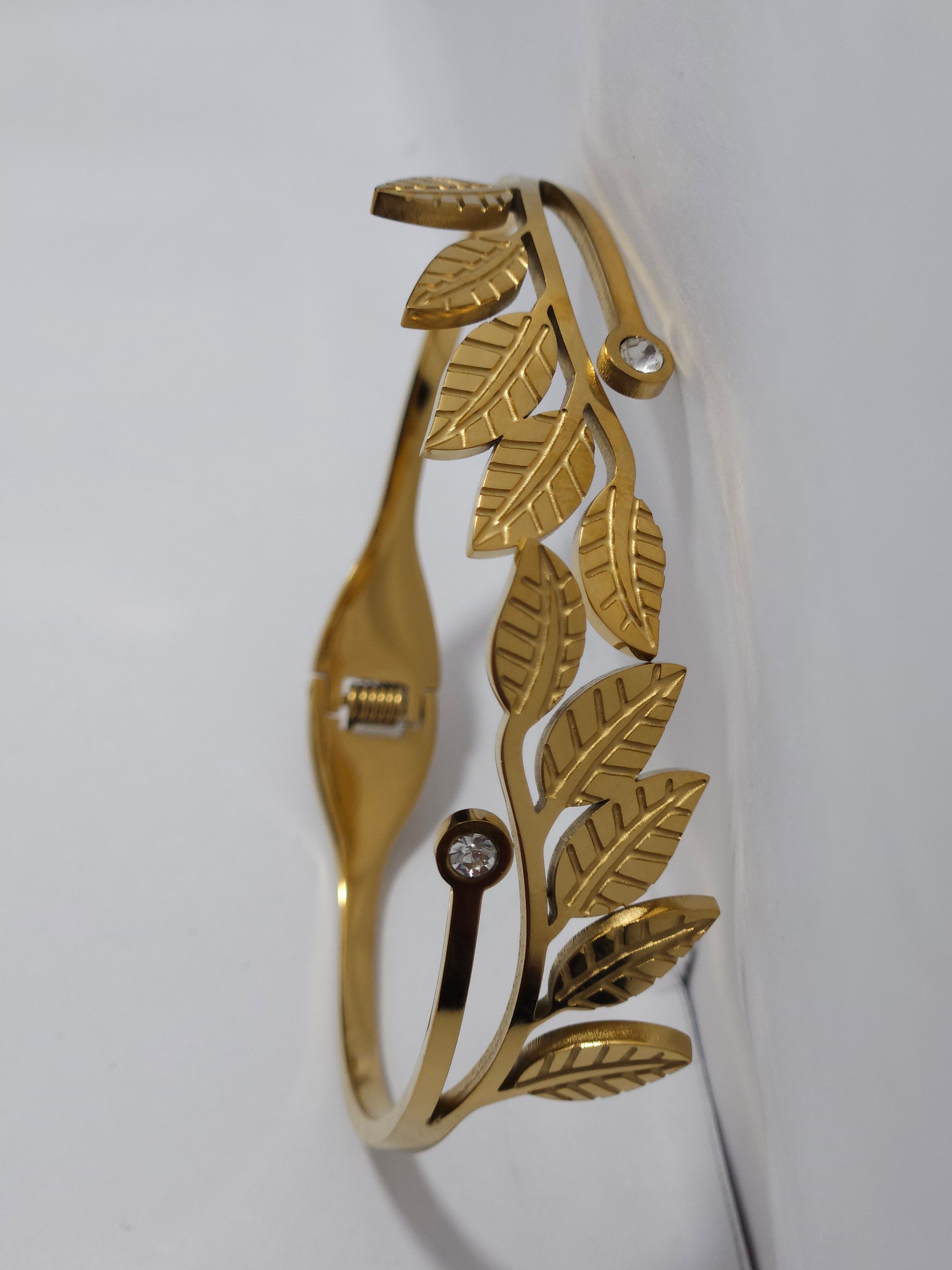 Leaf Design Gold-Tone Open Cuff Bracelet – Crystal Accent Bangle