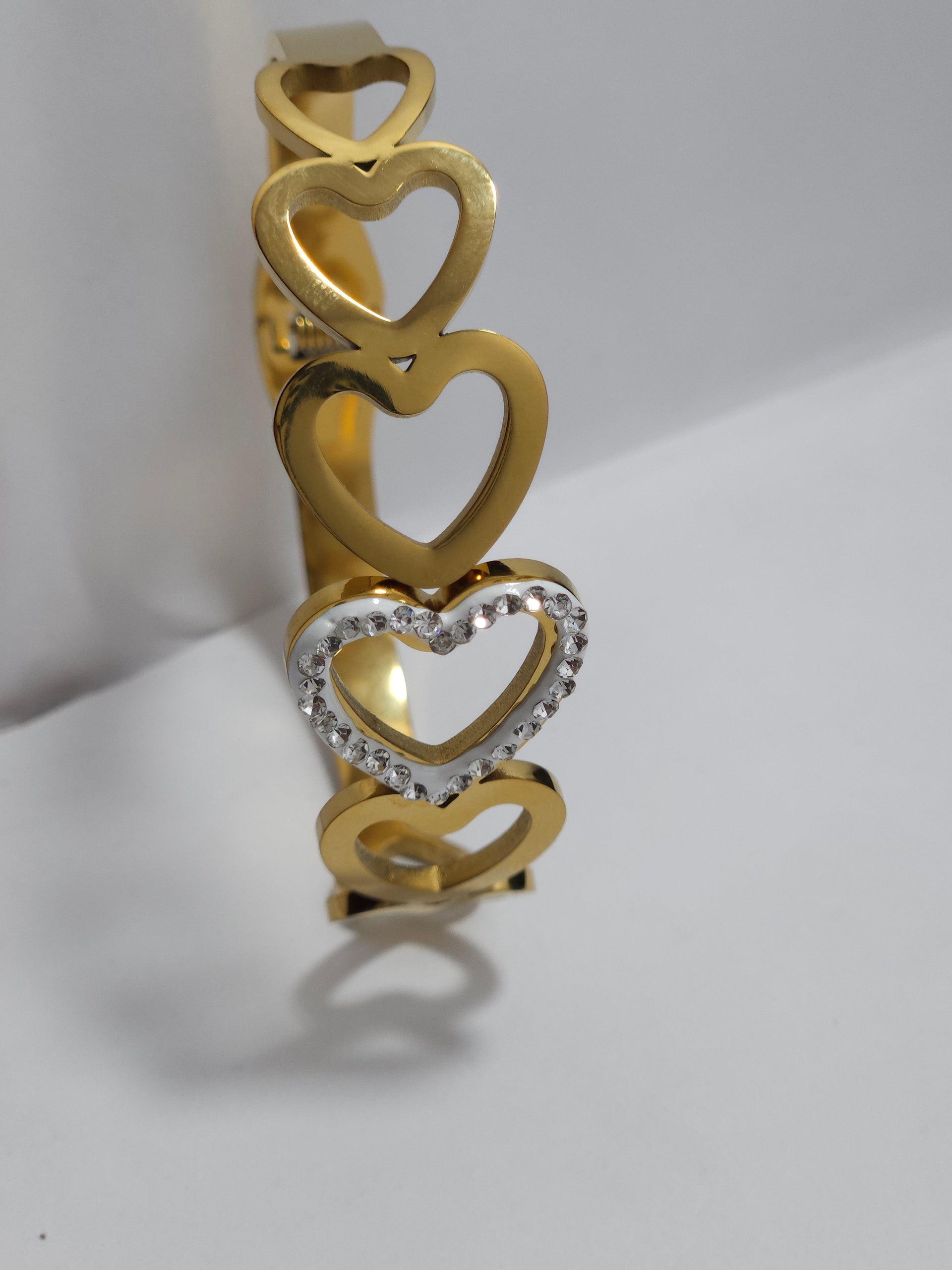 Crystal Heart Gold-Tone Open Cuff Bracelet – Romantic Charm Bangle