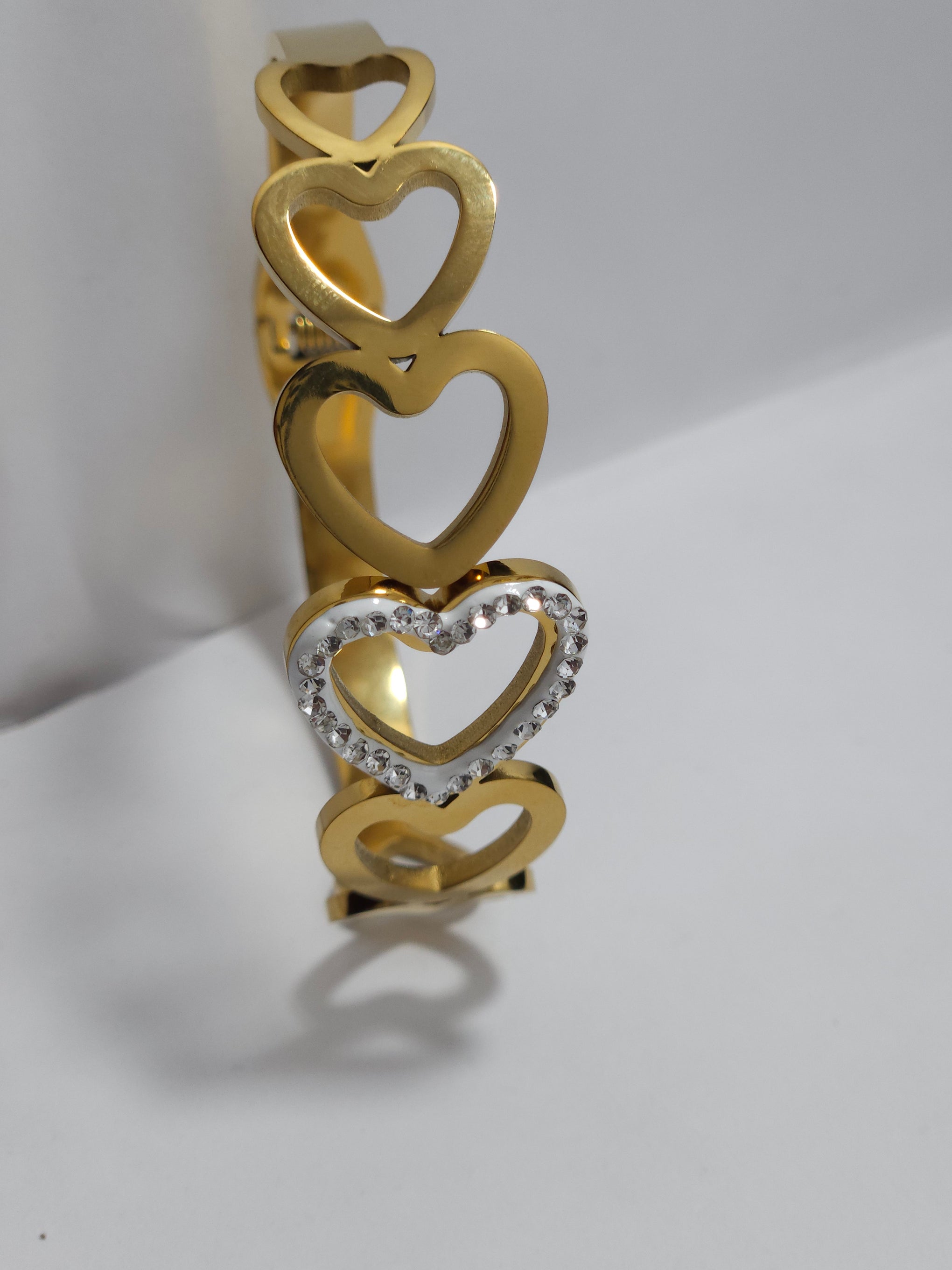 Crystal Heart Gold-Tone Open Cuff Bracelet – Romantic Charm Bangle