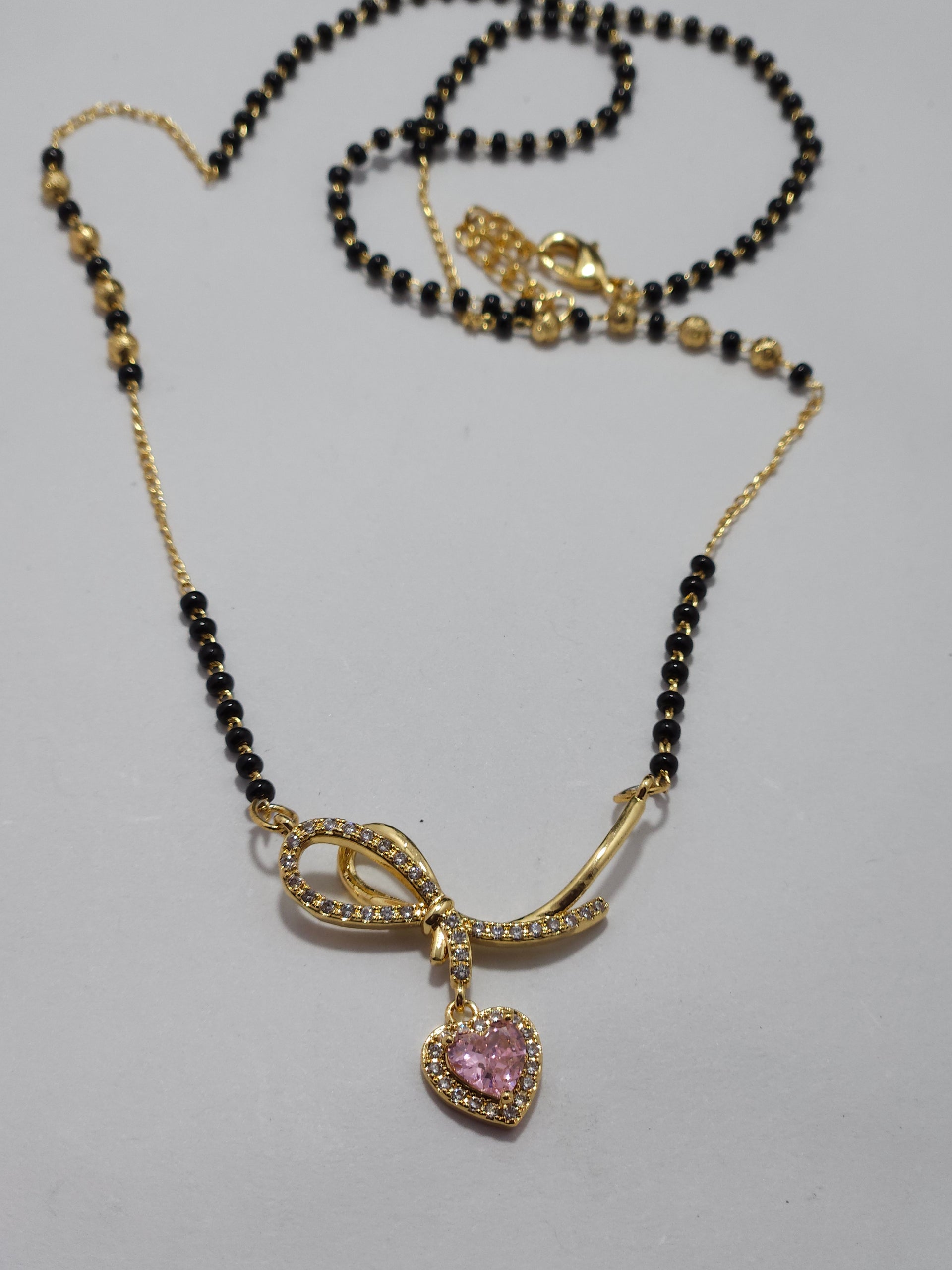 Pink Heart Crystal Mangalsutra – Gold-Tone Designer Black Bead Necklace