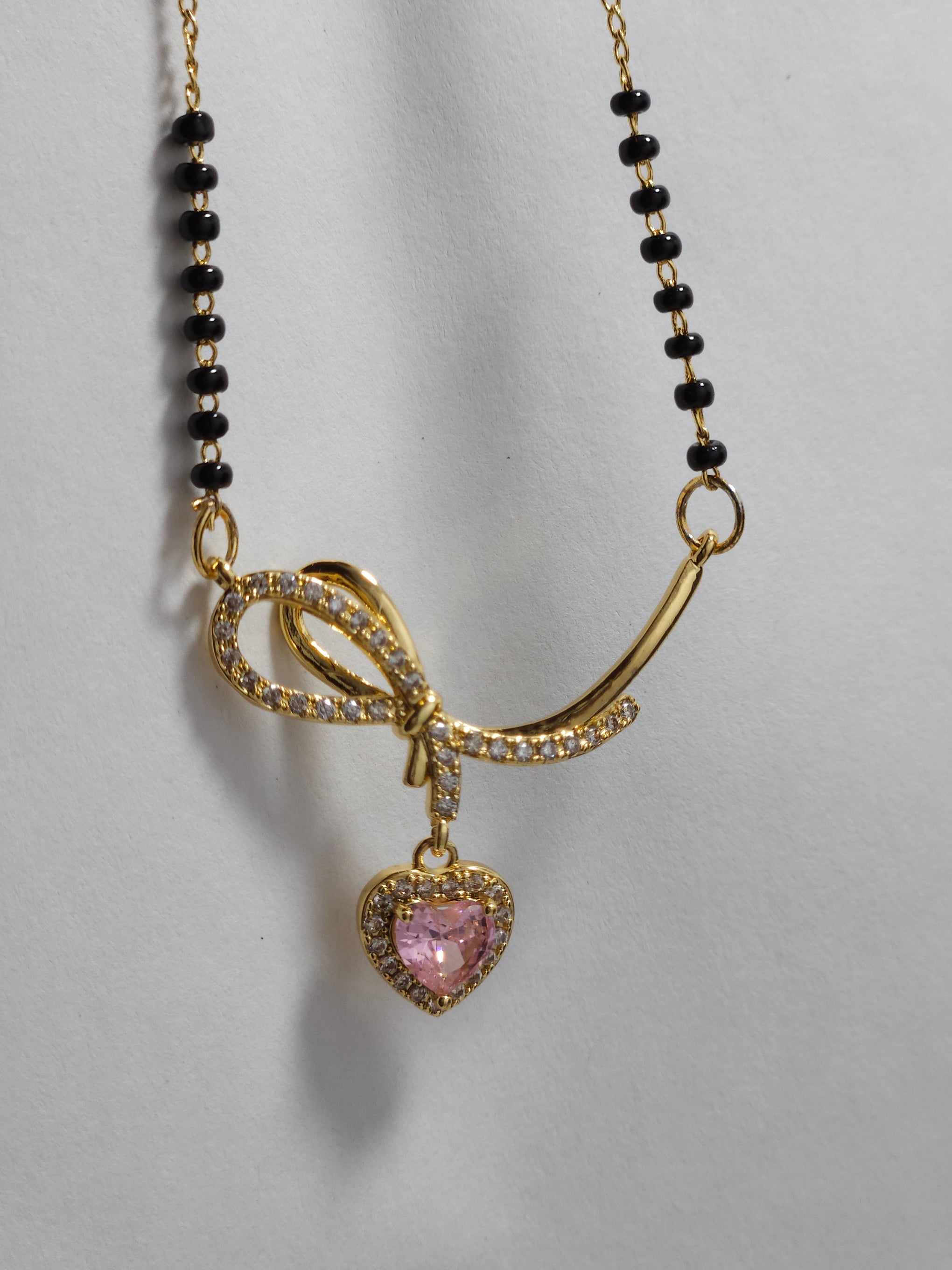 Pink Heart Crystal Mangalsutra – Gold-Tone Designer Black Bead Necklace