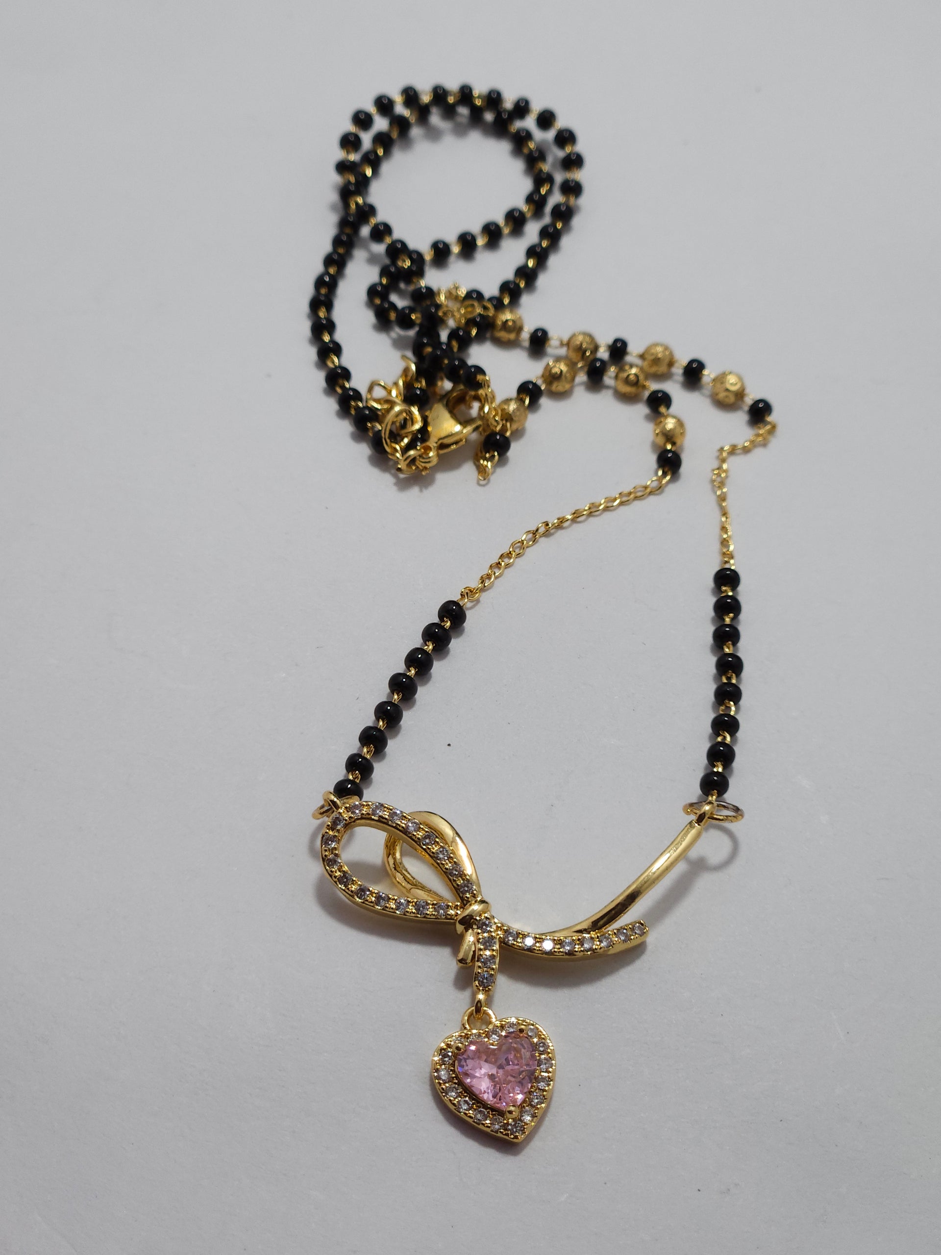 Pink Heart Crystal Mangalsutra – Gold-Tone Designer Black Bead Necklace