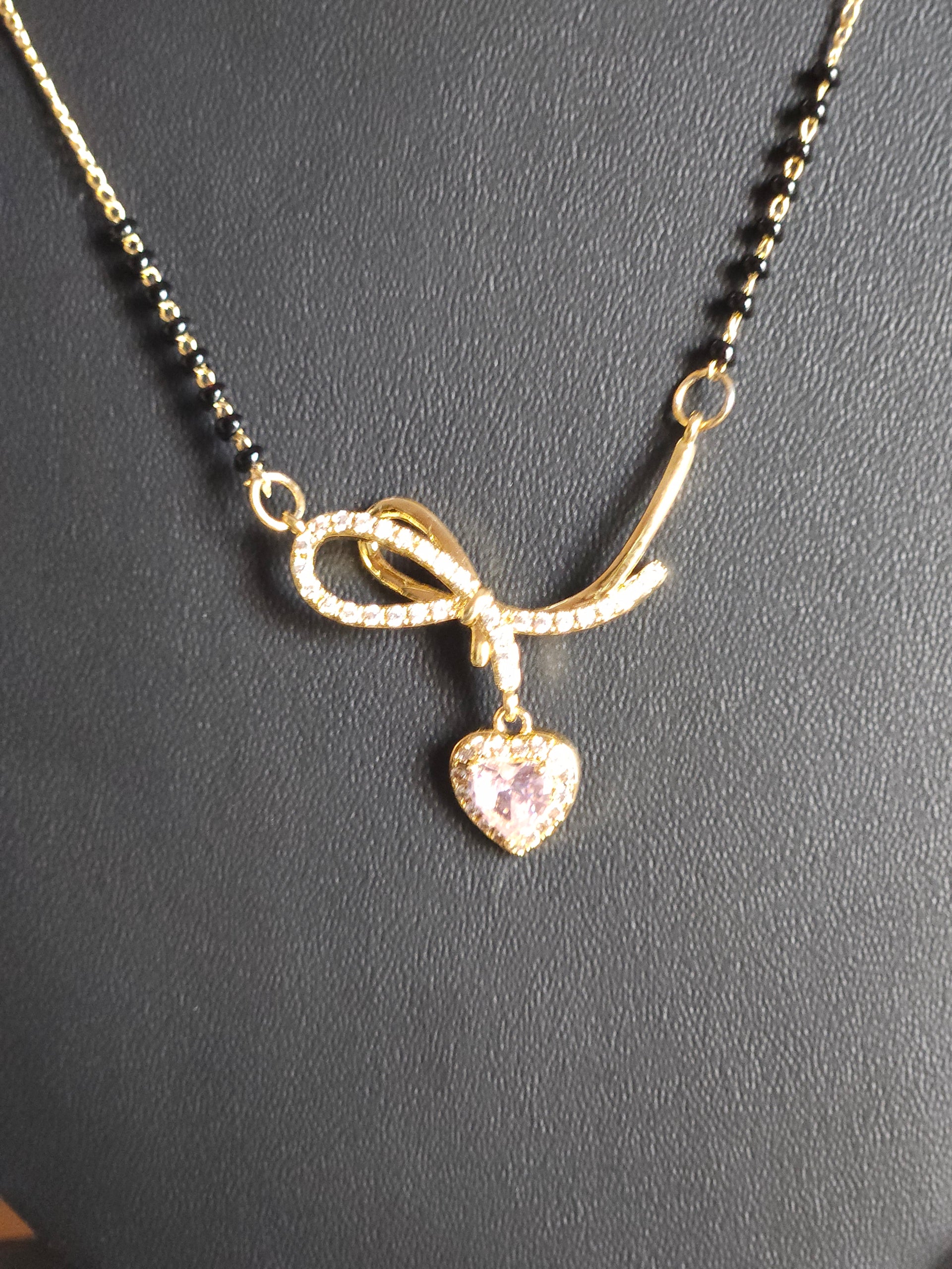Pink Heart Crystal Mangalsutra – Gold-Tone Designer Black Bead Necklace