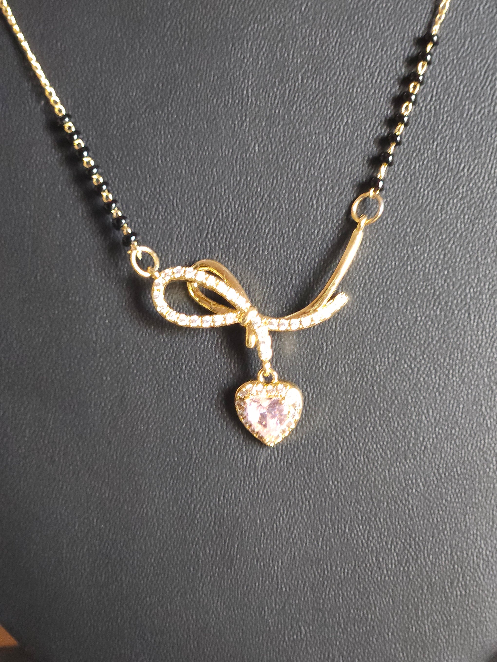 Pink Heart Crystal Mangalsutra – Gold-Tone Designer Black Bead Necklace