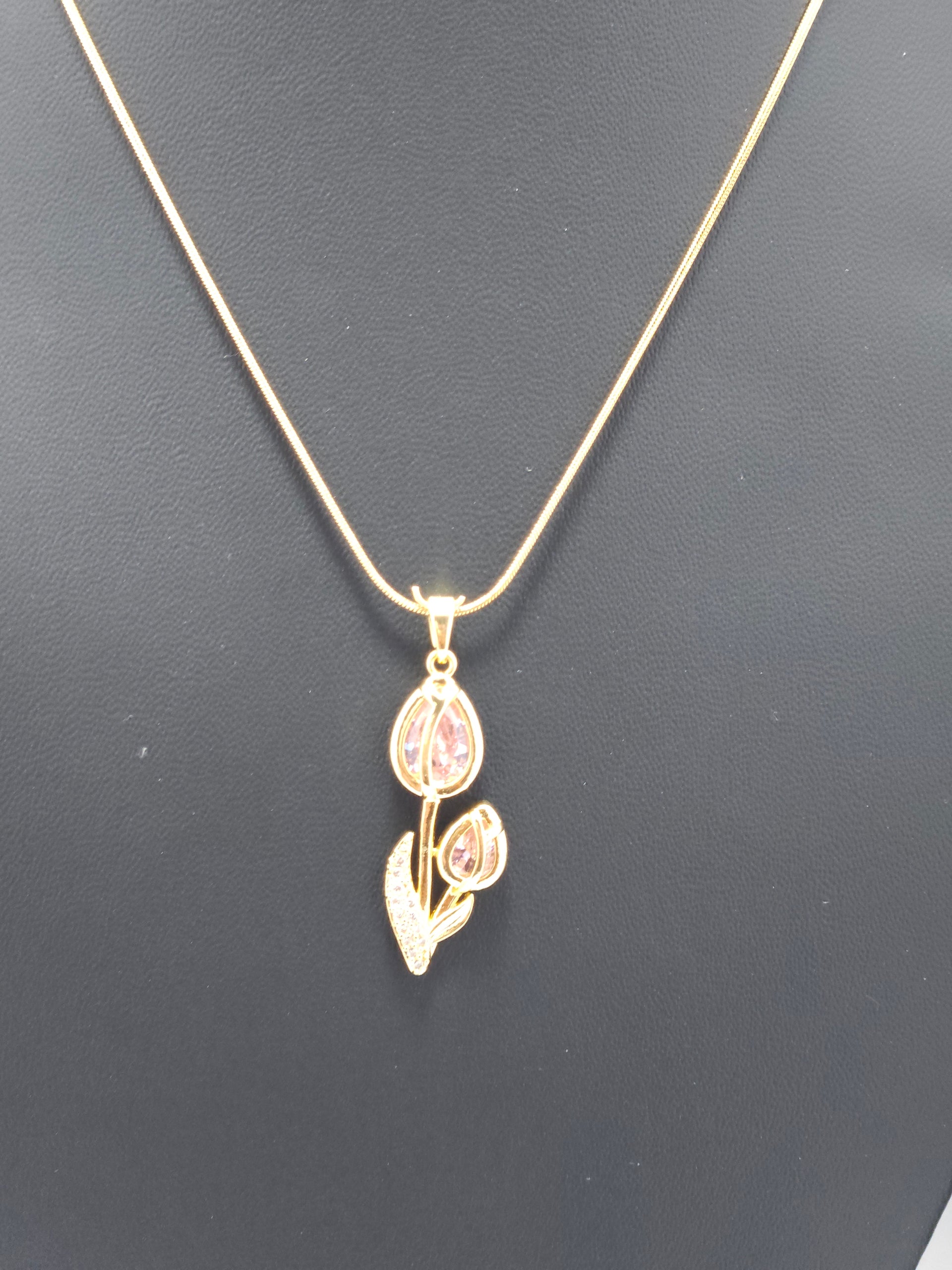 Pink Crystal Tulip Pendant Necklace – Gold-Tone Floral Designer Necklace