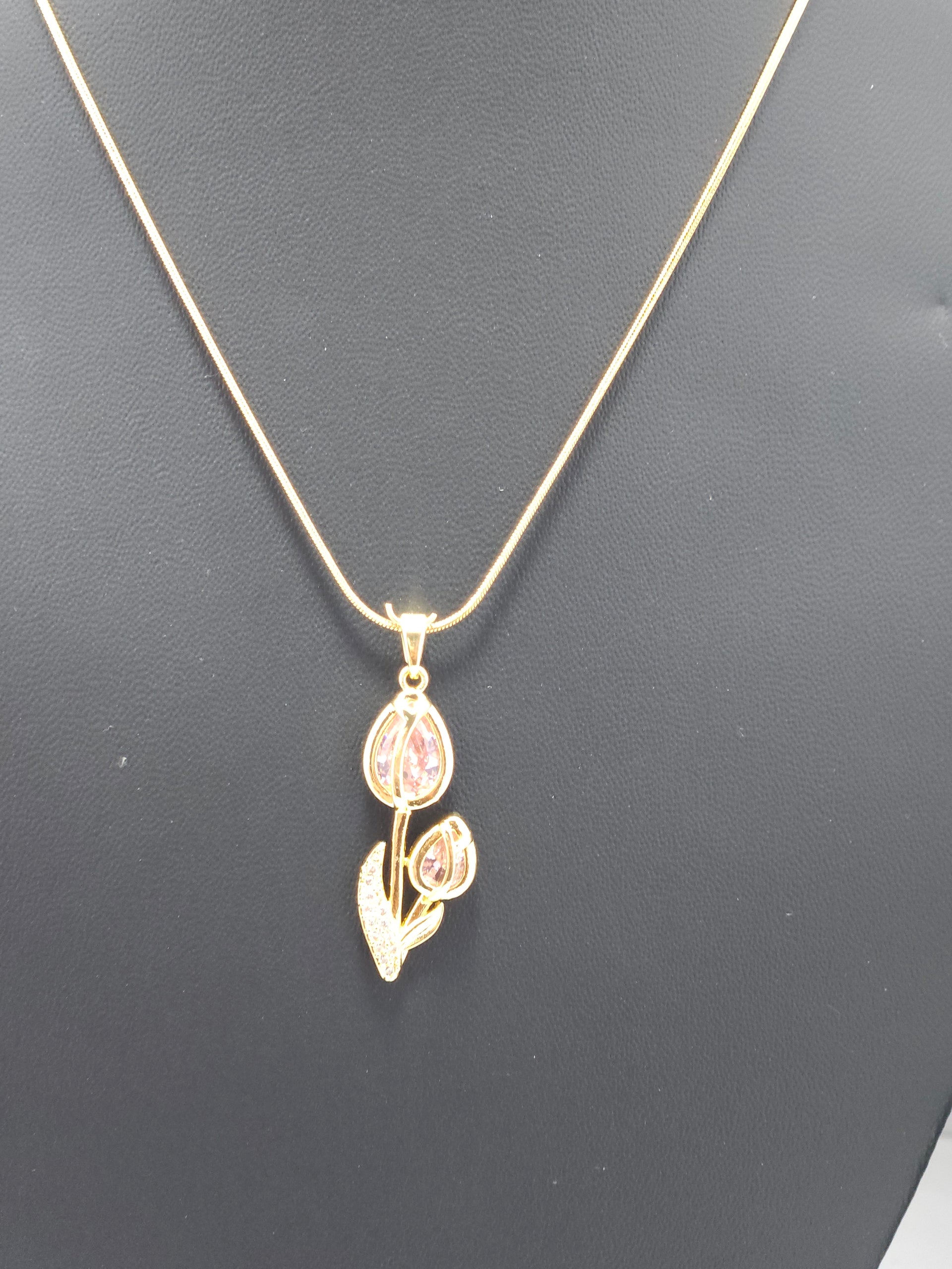 Pink Crystal Tulip Pendant Necklace – Gold-Tone Floral Designer Necklace