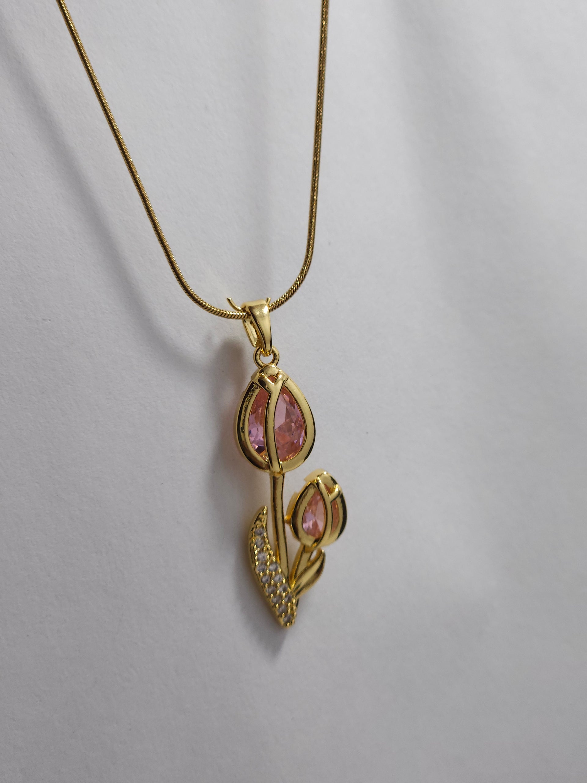 Pink Crystal Tulip Pendant Necklace – Gold-Tone Floral Designer Necklace