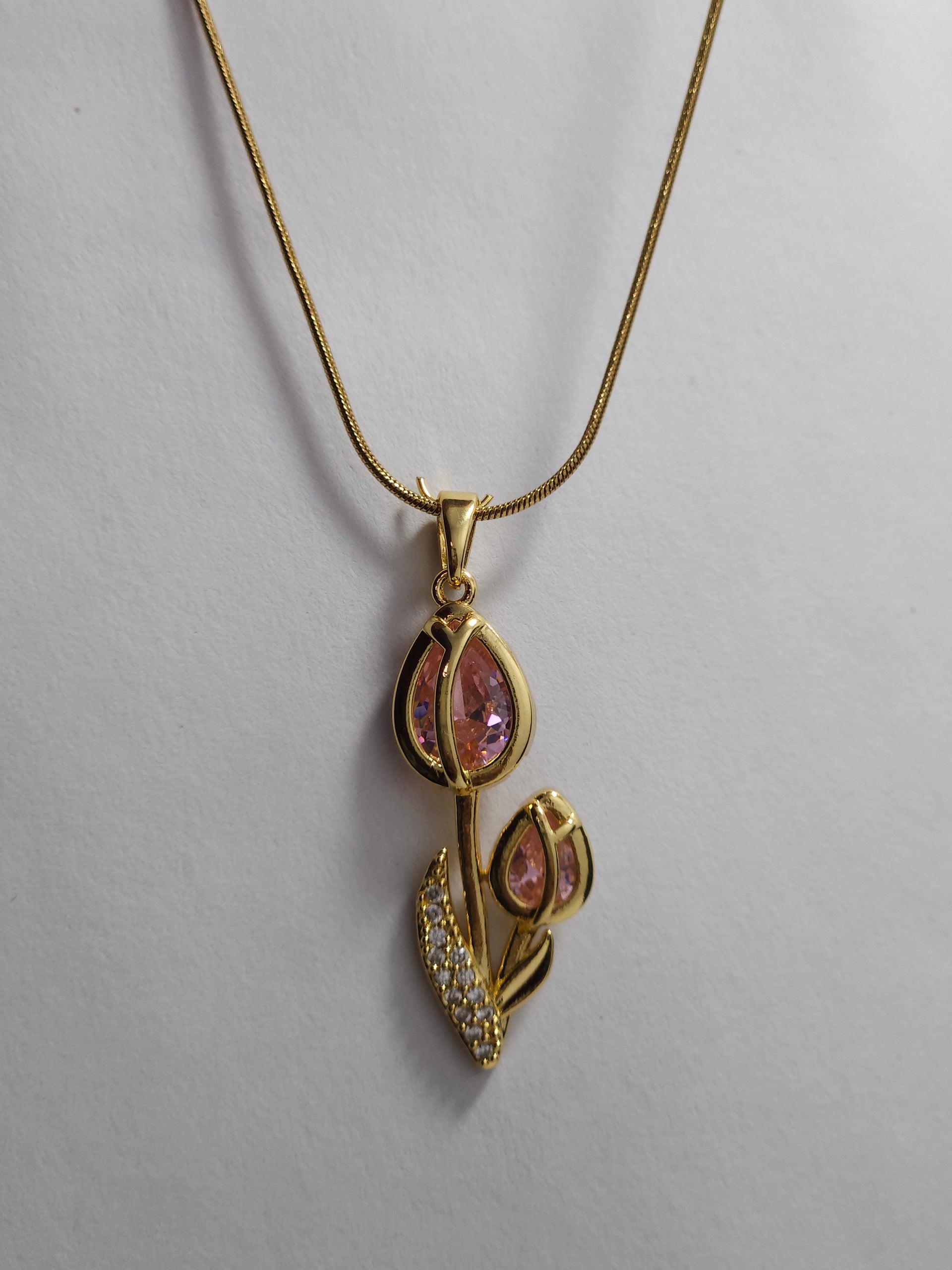 Pink Crystal Tulip Pendant Necklace – Gold-Tone Floral Designer Necklace