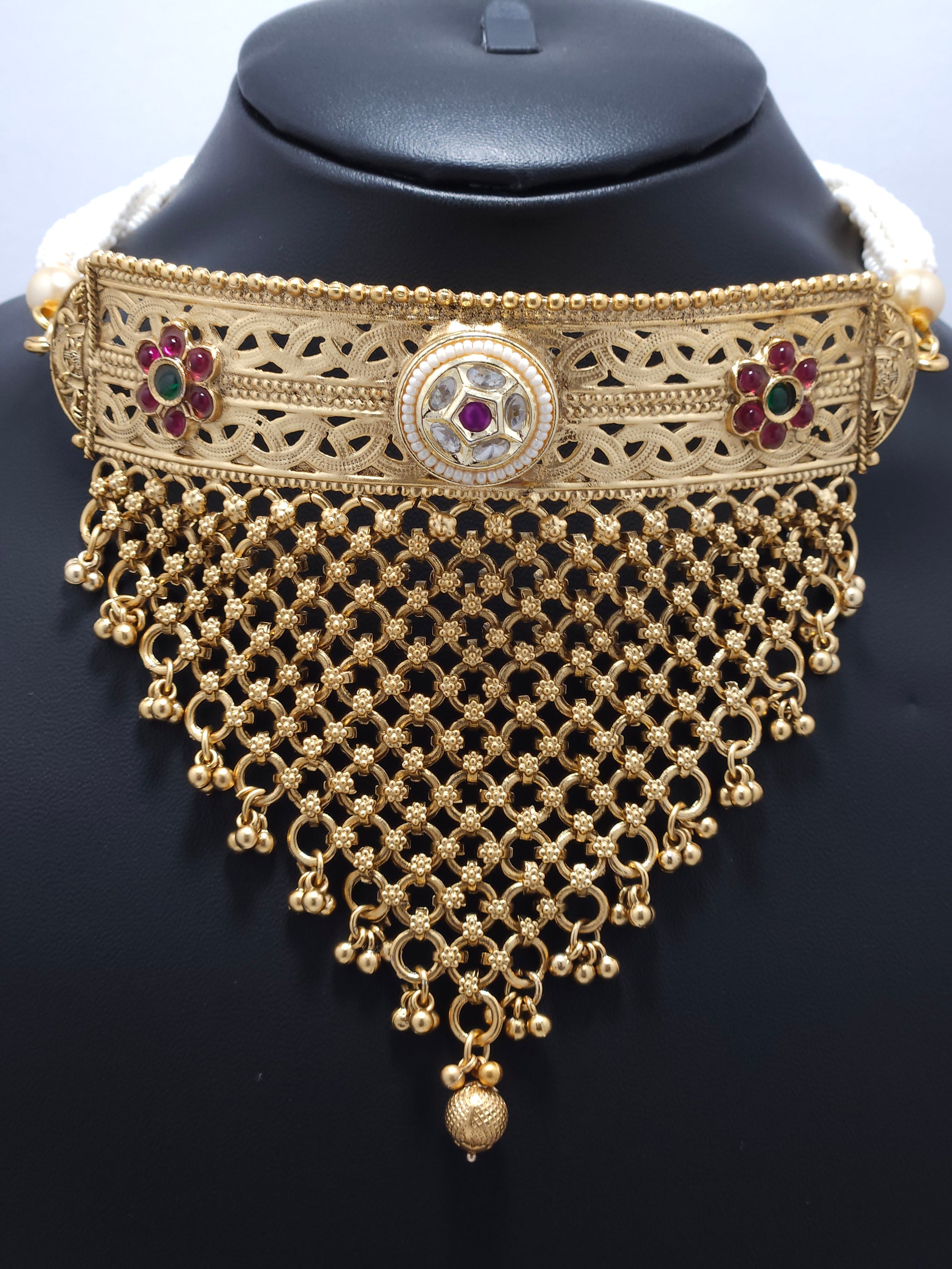 Royal Temple Choker Necklace Set – Gold-Tone Bridal Statement Jewelry Set