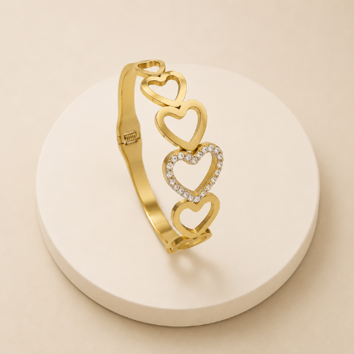 Crystal Heart Gold-Tone Open Cuff Bracelet – Romantic Charm Bangle