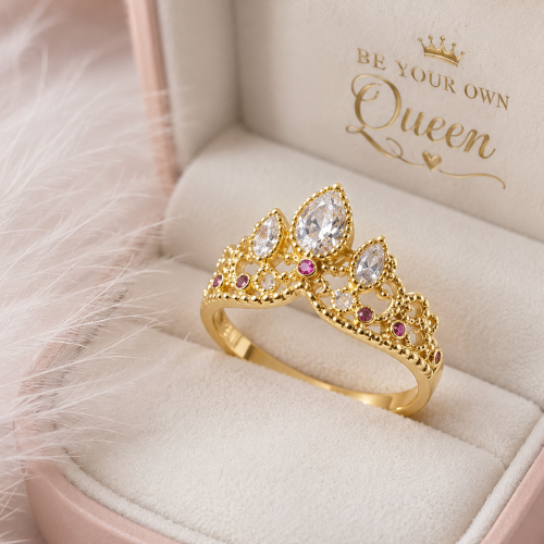 Royal Crown Crystal Ring – Gold-Tone Princess Tiara Ring