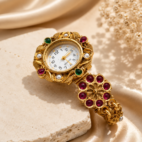Vintage Floral Bracelet Watch – Gold-Tone Gemstone Designer Watch