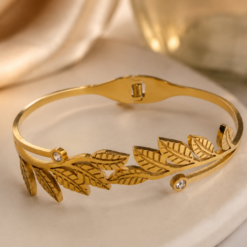 Leaf Design Gold-Tone Open Cuff Bracelet – Crystal Accent Bangle