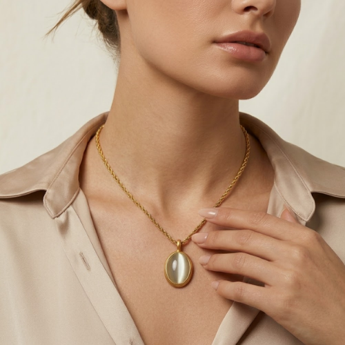 Anti-Tarnish Gold Oval Stone Pendant Necklace