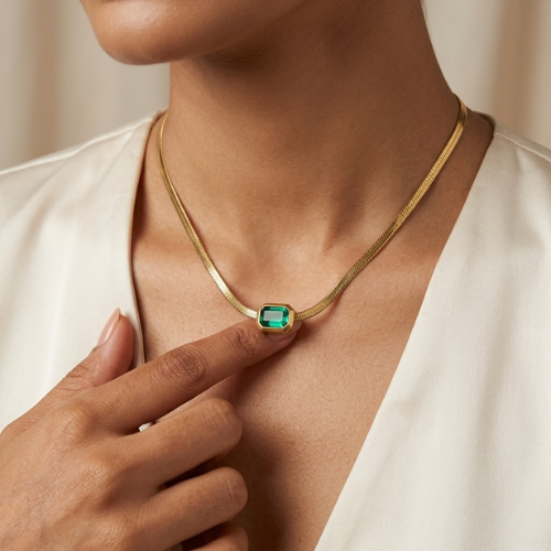 Anti-Tarnish Gold Emerald-Cut Stone Necklace