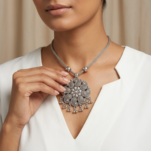 Oxidised Floral Statement Pendant Necklace