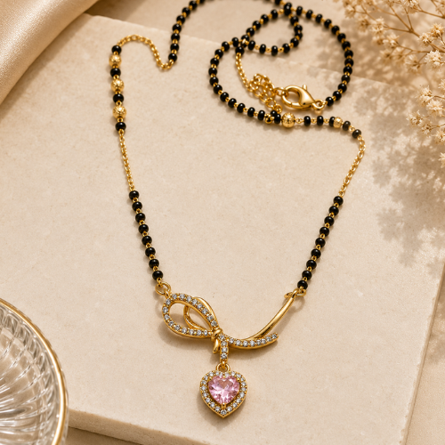 Pink Heart Crystal Mangalsutra – Gold-Tone Designer Black Bead Necklace