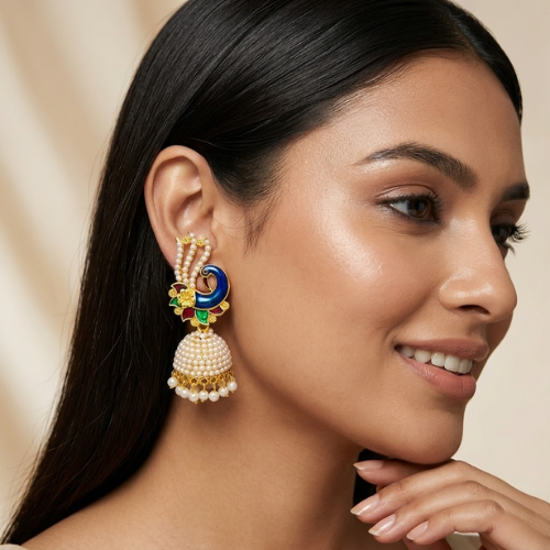 Meenakari Peacock Pearl Jhumka Earrings
