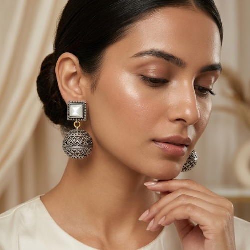 Moonstone Glow Oxidised Dome Earrings