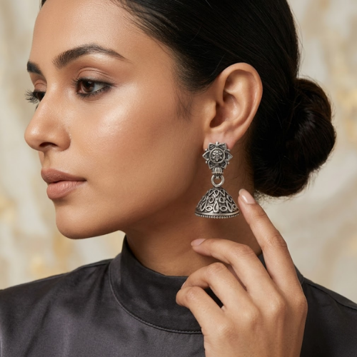 Floral Heritage Oxidised Jhumka Earrings