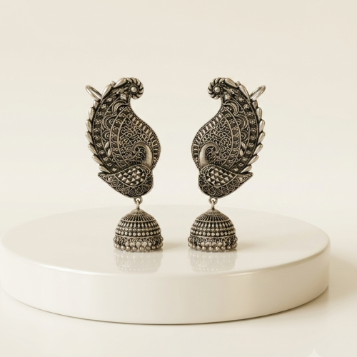 Peacock Grace Oxidised Jhumka Earrings
