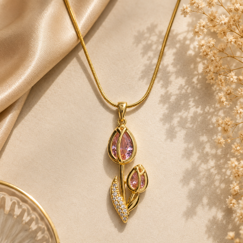 Pink Crystal Tulip Pendant Necklace – Gold-Tone Floral Designer Necklace