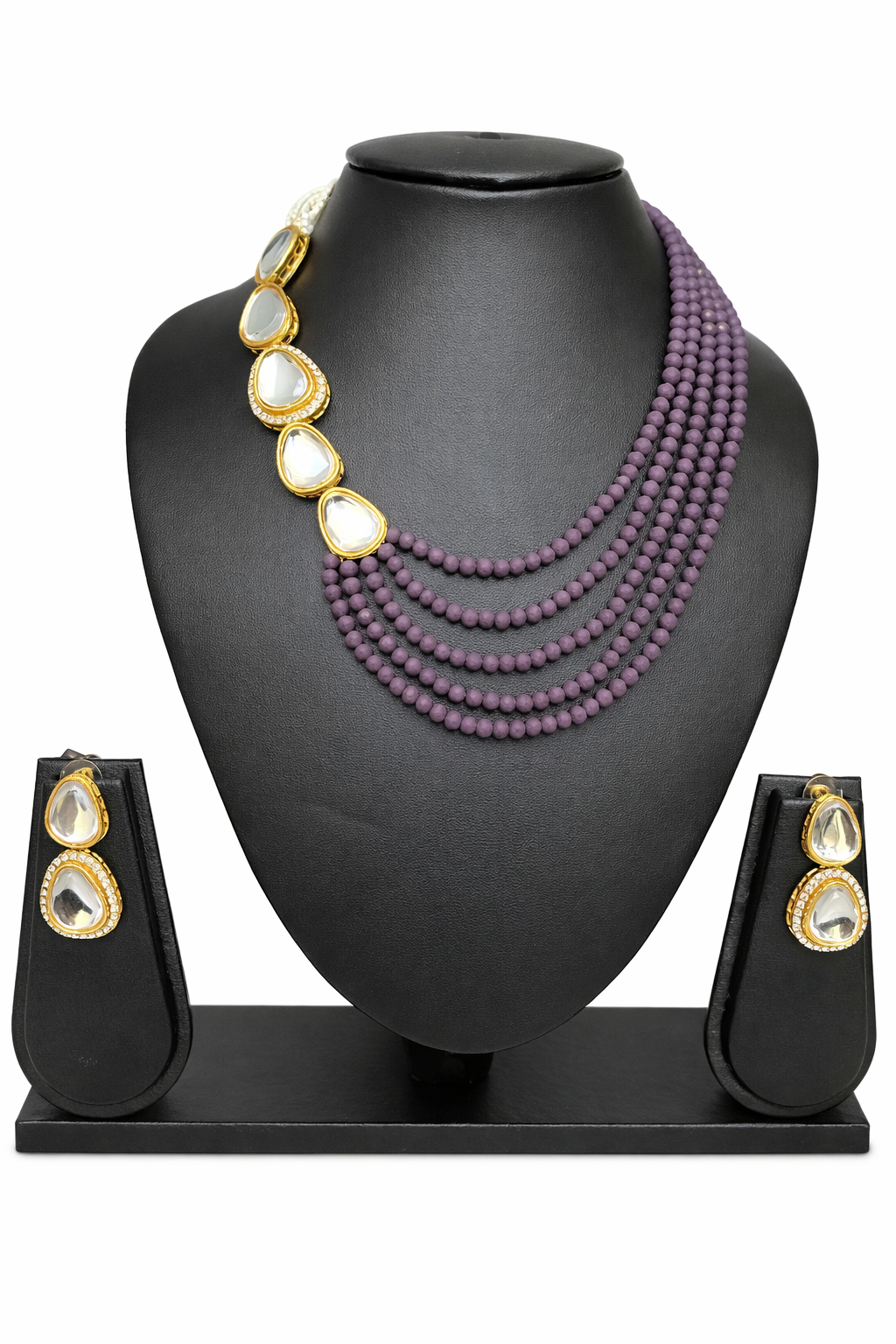 Kundan Necklace Set with Purple Matte Beads and Matching Earrings